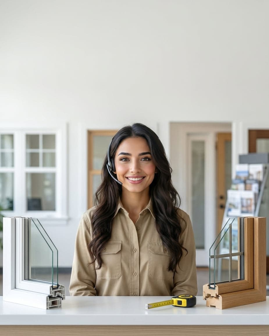 Maria at the front desk of a window cleaning company, taking a call