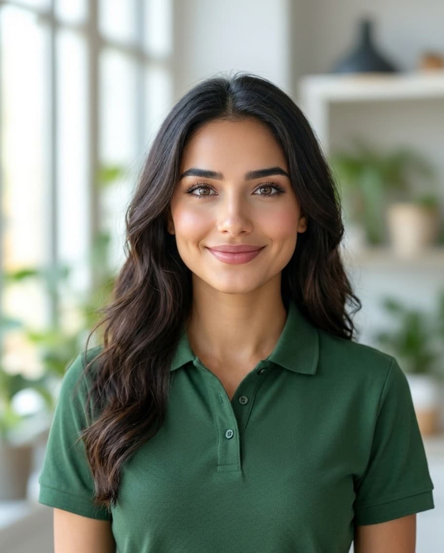 Maria dressed for a landscaping business, answering the phone as part of your crew