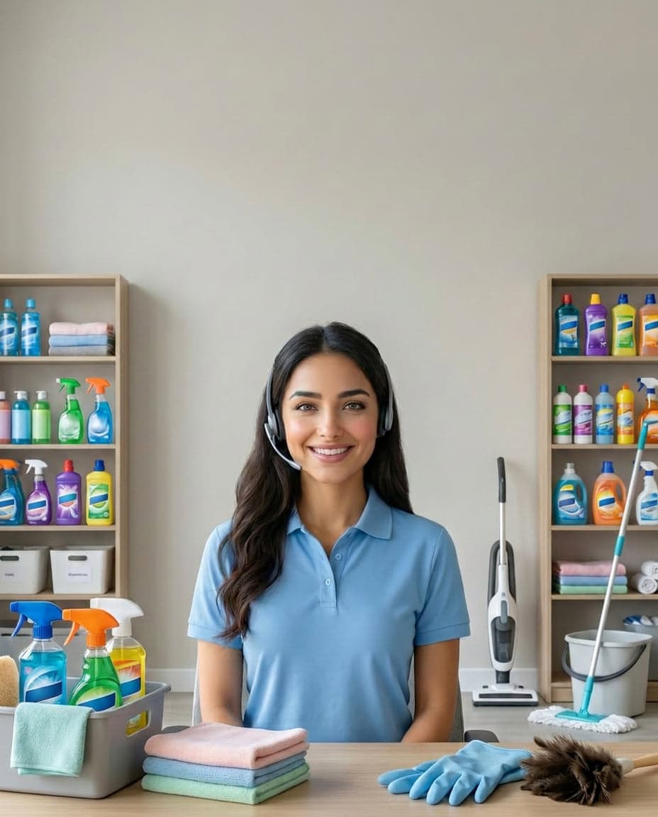 Maria at the front desk of a kitchen hood cleaning company, taking a call