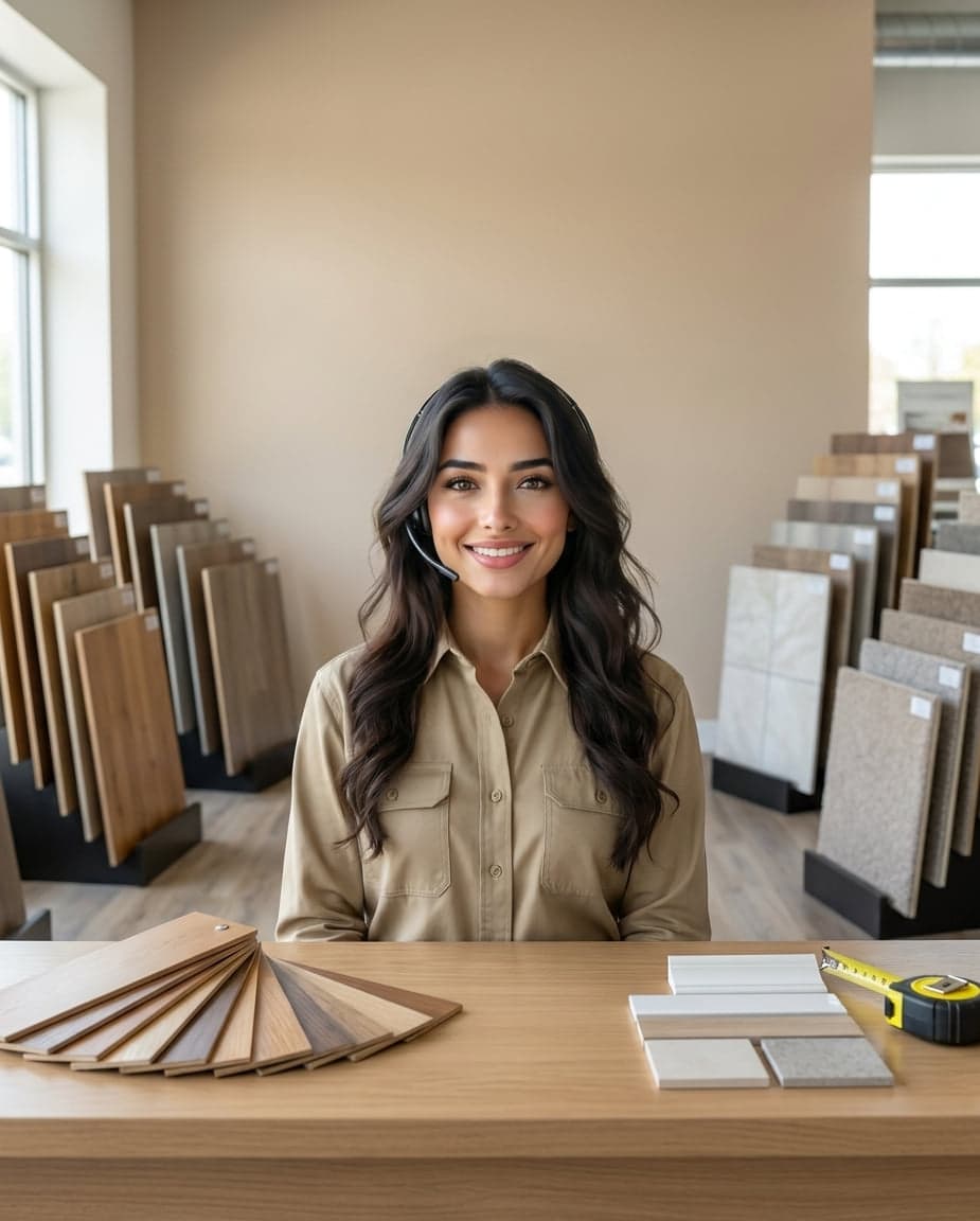Maria at the front desk of a hardwood floor refinishing company, taking a call