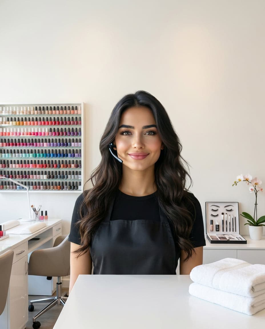 Maria at the front desk of a nail salon company, taking a call